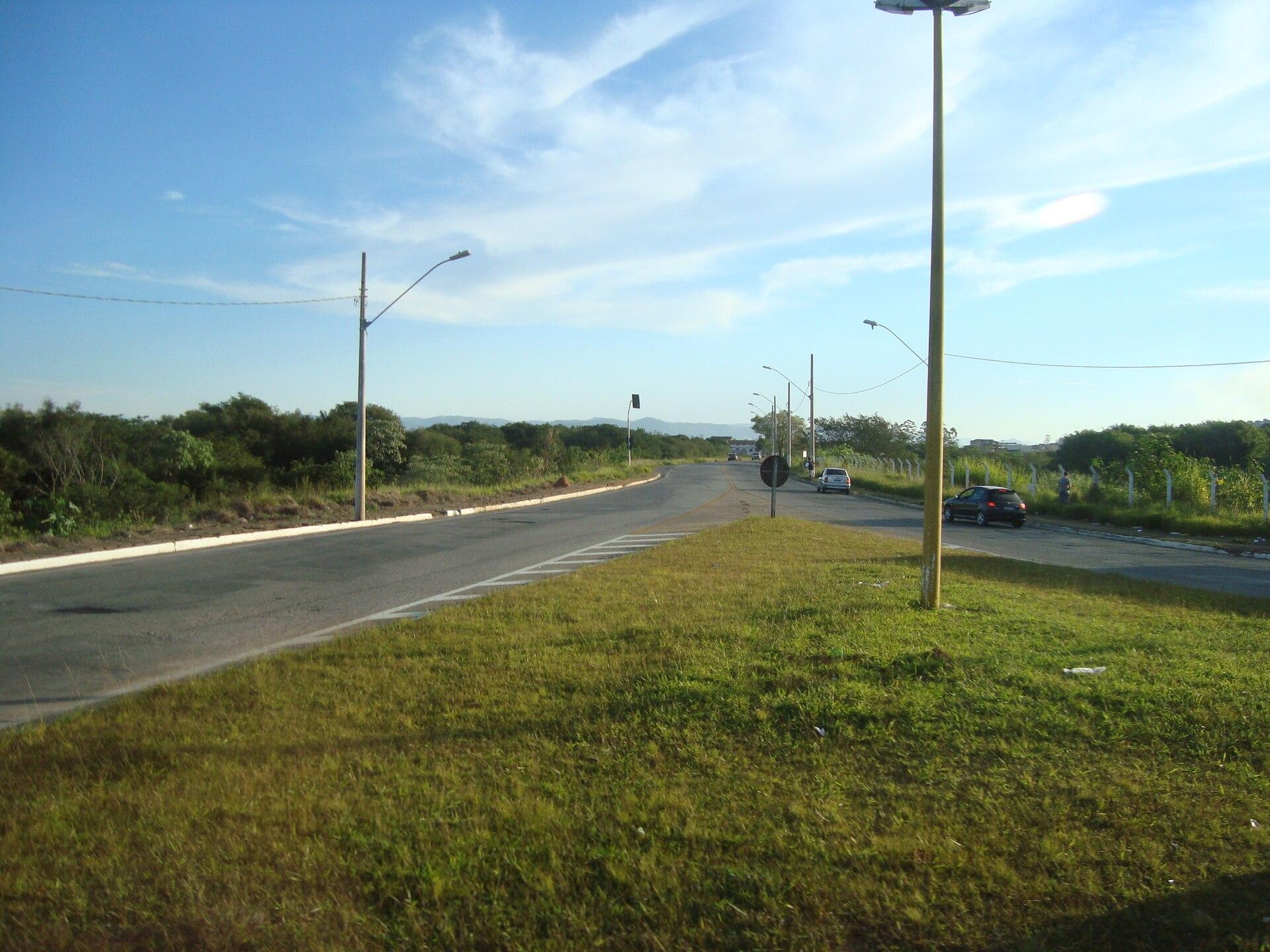 Trecho da rodovia MG-290 em Pouso Alegre, com pista asfaltada e canteiro gramado